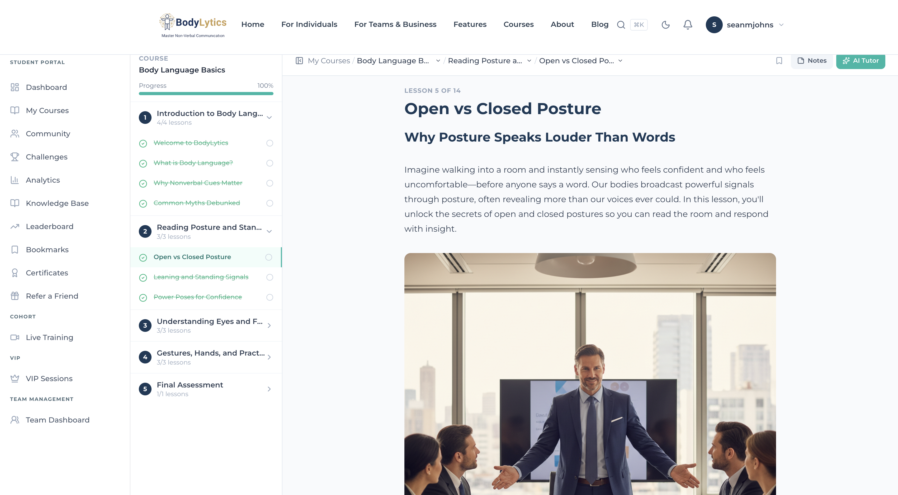 BodyLytics lesson view — Open vs Closed Posture lesson inside Body Language Basics